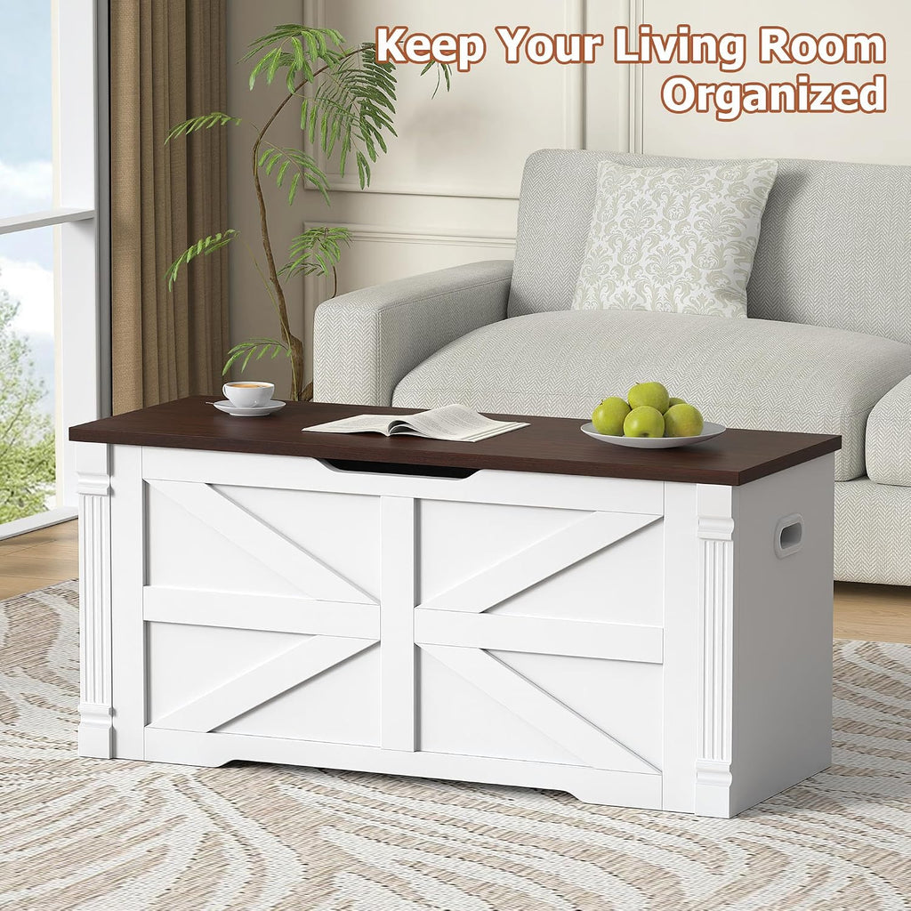 VVFLU Storage Bench, 39.4" Storage Chest with 2 Safety Hinges, Farmhouse Roman Column Design with Elliptical Handle Holes, for Entryway, Bedroom, Living Room (White + Walnut)