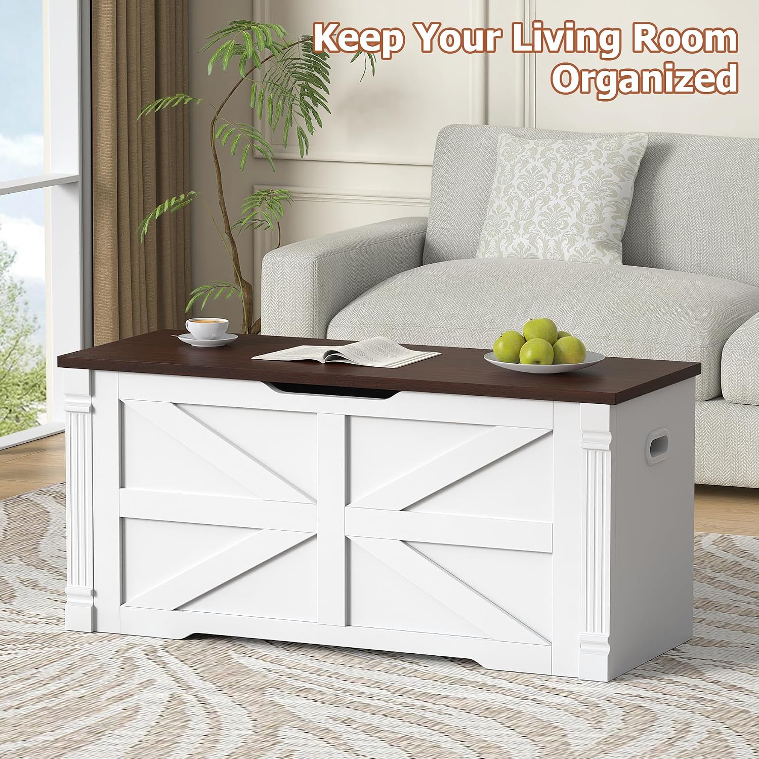 VVFLU Storage Bench, 39.4" Storage Chest with 2 Safety Hinges, Farmhouse Roman Column Design with Elliptical Handle Holes, for Entryway, Bedroom, Living Room (White + Walnut)