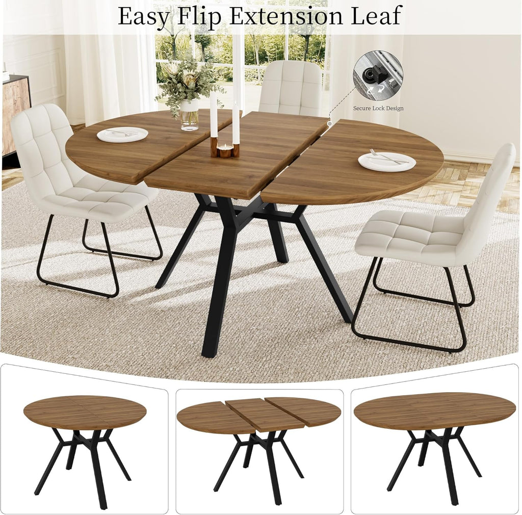 HIPIHOM Extendable Round Dining Table Set for 6 People, 43.3"-59.1" Extendable Kitchen Table with 6 Upholstered Chairs, Space Saving for Kitchen Dining Room (Walnut Table+6 U-Shaped White Chairs)
