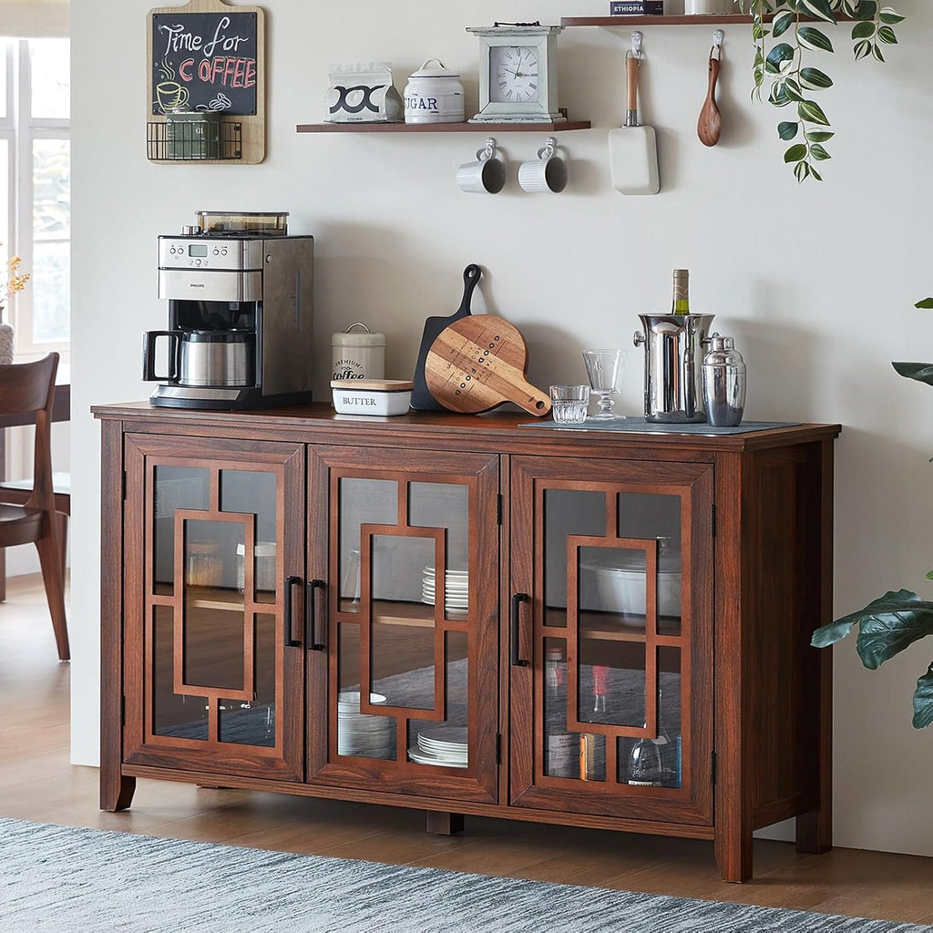 Joaxswe Large Sideboard Buffet Cabinet with Storage, 55" Farmhouse Credenza with 3 Glass Doors, Adjustable Shelves Console Table, Wood Kitchen Coffee Bar for Dining Room, Living Room, Brown