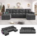 107'' LED U-Shaped Sectional Couch for Living Room, Sleeper Sofa Bed, Grey | Comfy Chenille Cloud Couch, Pull Out Bed, Storage Chaise, 5-level Adjustable Backrest, USB Charging, 2 Pillow,1100LB Capacity