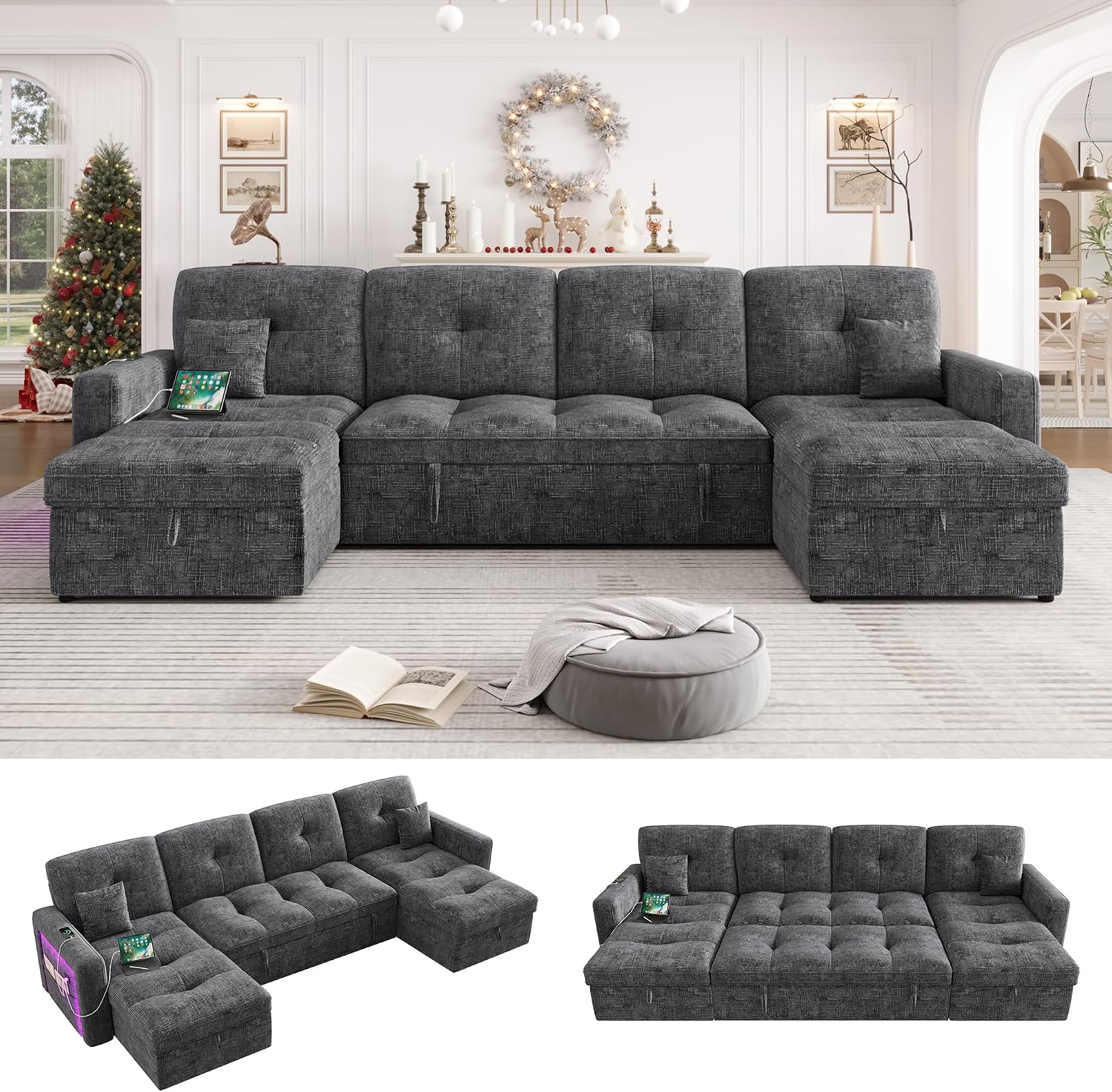 107'' LED U-Shaped Sectional Couch for Living Room, Sleeper Sofa Bed, Grey | Comfy Chenille Cloud Couch, Pull Out Bed, Storage Chaise, 5-level Adjustable Backrest, USB Charging, 2 Pillow,1100LB Capacity