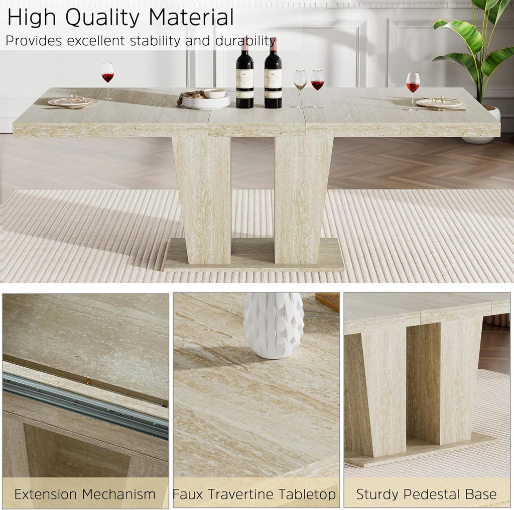 Modern Extendable Dining Table Set for 6, 78.74" Faux Travertine Expandable Table with 6 Beige Velvet Upholstered Chairs, Extendable Dining Room Table Set for 6 for Dinner Party Family Gathering