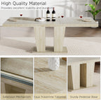 Modern Extendable Dining Table Set for 6, 78.74" Faux Travertine Expandable Table with 6 Beige Velvet Upholstered Chairs, Extendable Dining Room Table Set for 6 for Dinner Party Family Gathering