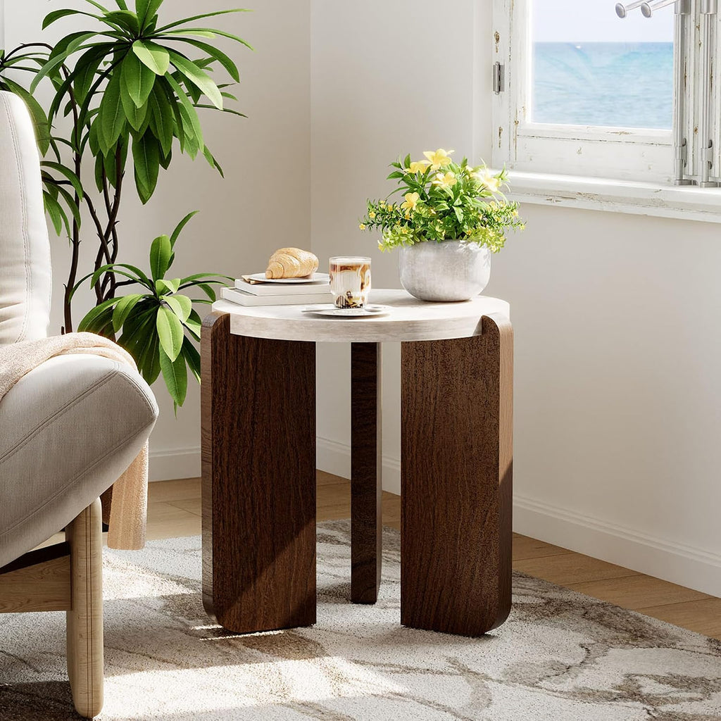 COSIEST Small Round Side Table, Modern 3-Leg Accent End Table with Faux Marble Wood Top and Wood-Like Legs, Nightstand for Living Room, Bedroom, Office, Cream White & Dark Brown,17.7”Dia. x 18.9”H