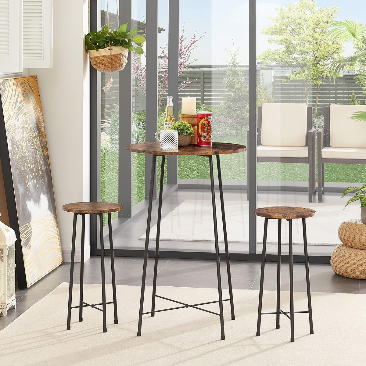 VECELO 3 Piece Pub Table and Chairs Sets Counter Height Bistro Bar Sets with 2 Barstools for Kitchen Breakfast Nook, Small Space, Apartment, Breakfast Dinner Restaurant, Brown