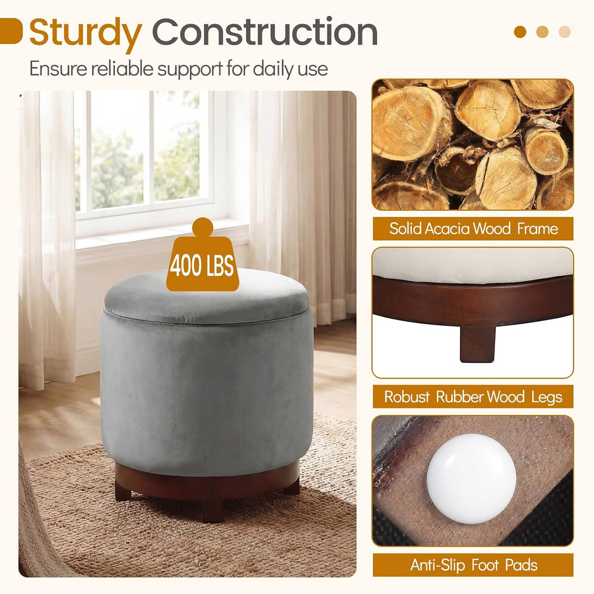 Giantex Round Ottoman with Storage, 360° Swivel Velvet Vanity Stool with Removable Lid, Wood Frame & Legs, Ottoman Foot Rest for Living Room, Bedroom, Makeup Room No Assembly (Gray & Walnut)