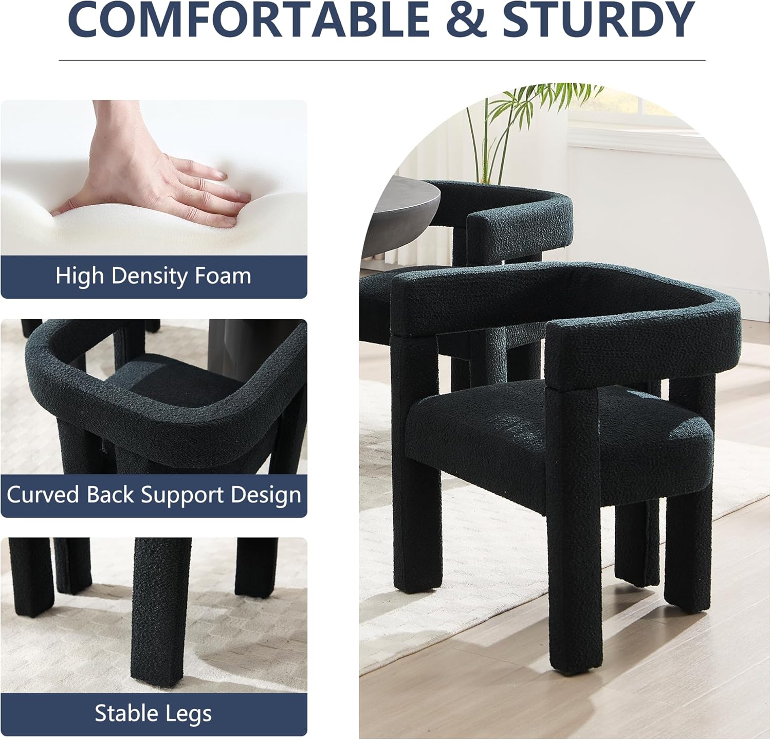 Boucle Barrel Side Chairs Set of 6, Modern Designed Upholstered Comfy Sherpa Fabric Accent Kitchen/Dining Chair, Kitchen Armchair for Living Room Dining Room Bedroom (Black, Set of 6)