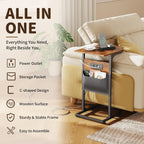 C Shaped End Table with Charging Station, Small Side Table for Couch, C Table Slides Under Sofa with Storage Bag, TV Tray Table for Recliner, Living Room, Bedside, Bedroom, Small Spaces, Rustic Brown