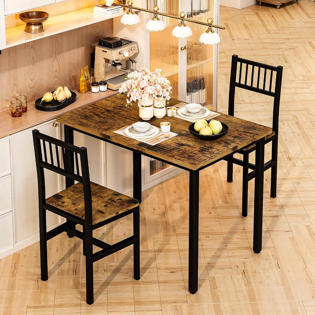 3 Piece Dining Table Set for 2, Small Wooden Kitchen Table Set with Chairs, Space Saving Breakfast Nook Table and Chairs Set of 2, Modern Dinette Set for Dining Room, Apartment, Small Space, Brown