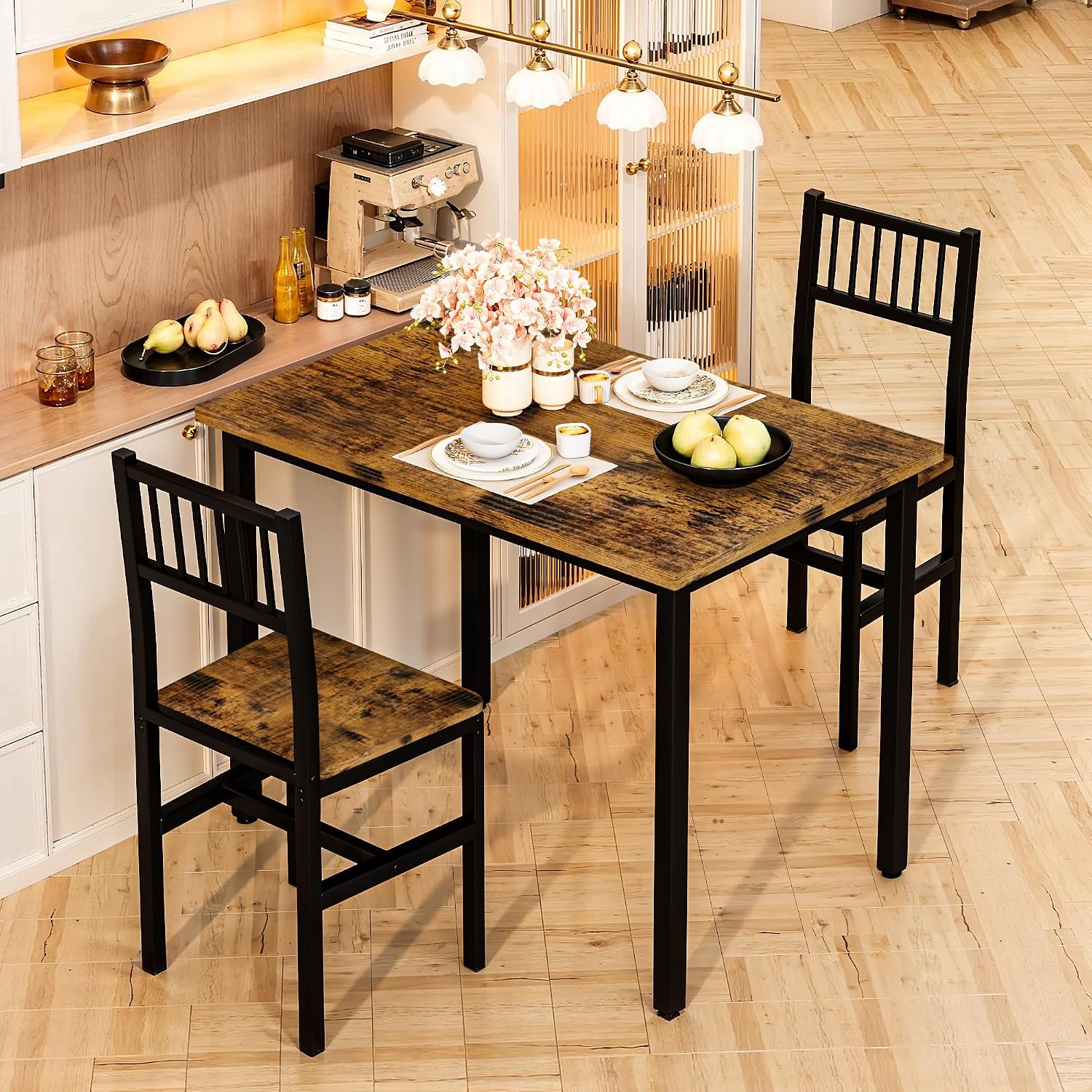 3 Piece Dining Table Set for 2, Small Wooden Kitchen Table Set with Chairs, Space Saving Breakfast Nook Table and Chairs Set of 2, Modern Dinette Set for Dining Room, Apartment, Small Space, Brown