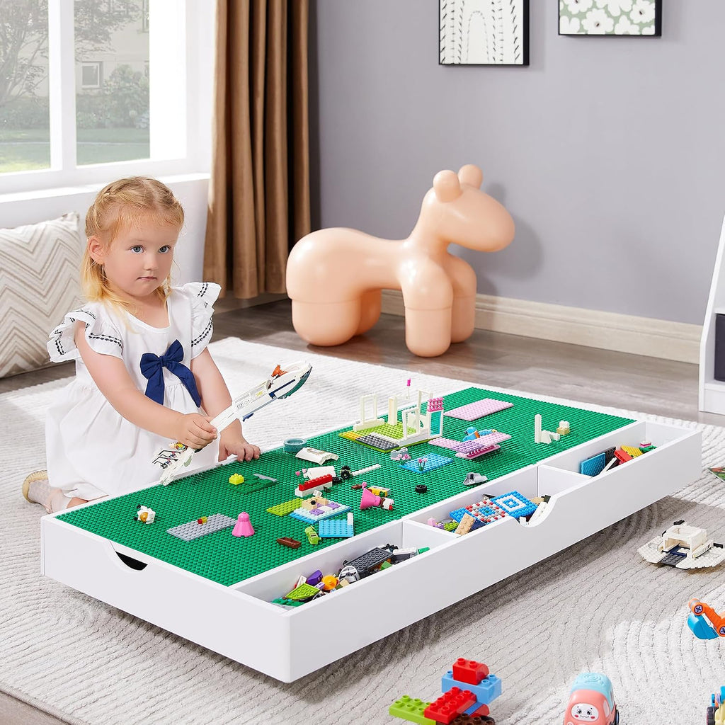 3 in 1 Construction Play Table Compatible with Lego, Game Table with Block Board and Train Car, Rolling Game Table with Locking Wheels and Storage Space, Suitable for Storing Under Bed or Sofa (White)