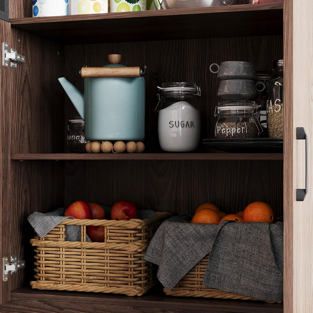 78.7" H Tall Kitchen Pantry with 3 Color LED Light, Modern Cupboard with Glass Doors, Metal Frame & Wood Grain, Large Display Storage Cabinet with Shelves for Living Dining Room, Brown