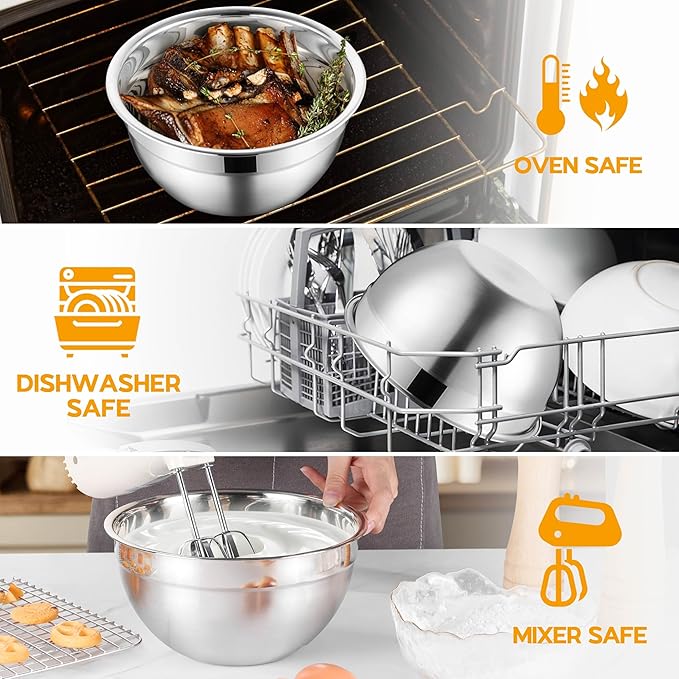 Mixing Bowl Set of 5 for Kitchen, Stainless Steel Metal Nesting Mixing Bowls with Khaki Lids – Size 1.5, 2, 2.6, 3.5, 4.6QT