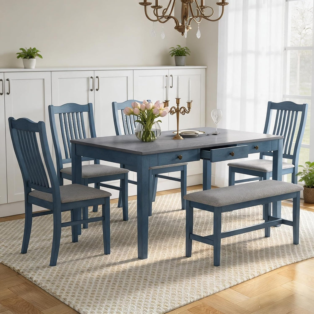 LUMISOL 6-Piece Dining Table Set with Bench, Farmhouse Solid Wood Kitchen Table Set with Bench, 4 Upholstered Chairs & Storage Drawers for Kitchen, Dining Room, Living Room, Antique Blue