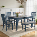 LUMISOL 6-Piece Dining Table Set with Bench, Farmhouse Solid Wood Kitchen Table Set with Bench, 4 Upholstered Chairs & Storage Drawers for Kitchen, Dining Room, Living Room, Antique Blue