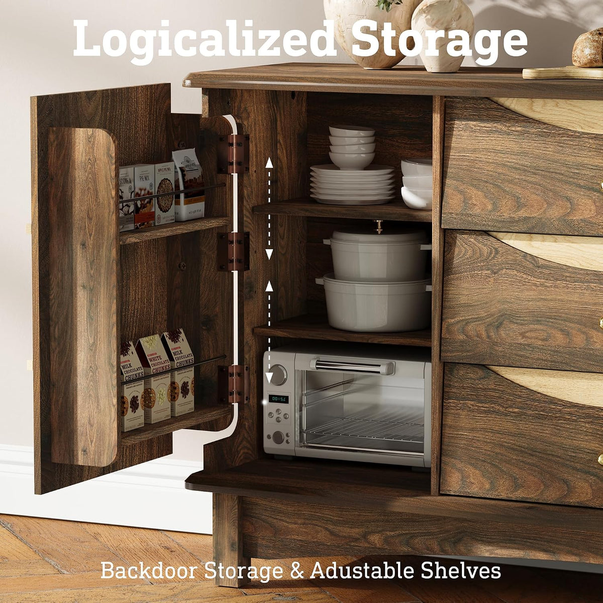 STO'SENSE Buffet Cabinet with Stroage, Large Sideboard Buffet Cabinet w/ 3 Drawers, Solid Wood Handle, Modern Coffee Bar Station w/ 2 Doors, Concealed Storage Shelves & Sliding Tray (Walnut)