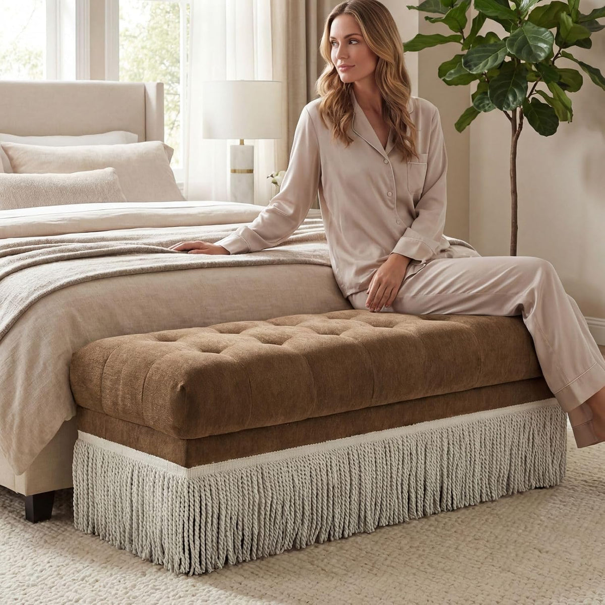 Hyfirm 47-Inch Chenille Ottoman Bench Vintage Tufted Fringe Design Brown | From bedroom dressing to living room lounging, this bench serves as an end-of-bed seat, sofa footrest, or entryway accent