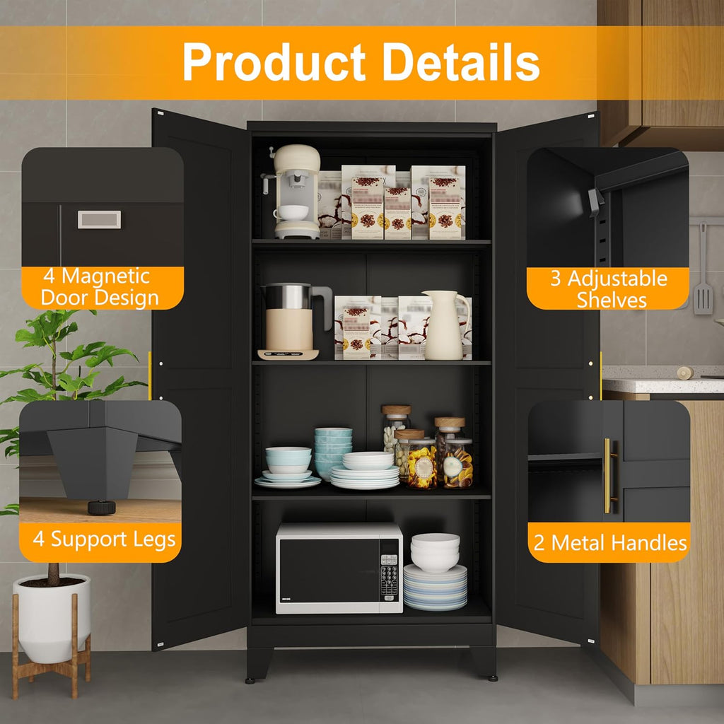 Ckzbx Metal Cabinets with Doors and Shelves, 75" H Black Storage Cabinet Pantry Cabinet Garage Cabinets for Kitchen,Living Room, Dinning Room