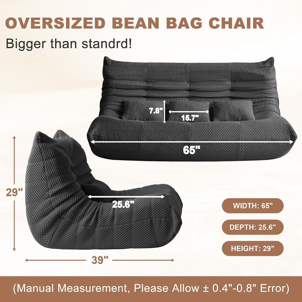 Bean Bag Chair for Adults - Large Bean Bag with Three Pillows, Oversized Chair with High-Rebound Memory Foam, Lazy Floor Sofa for Reading, Gaming, Living Room, Bedroom (3-Seater, Grey)