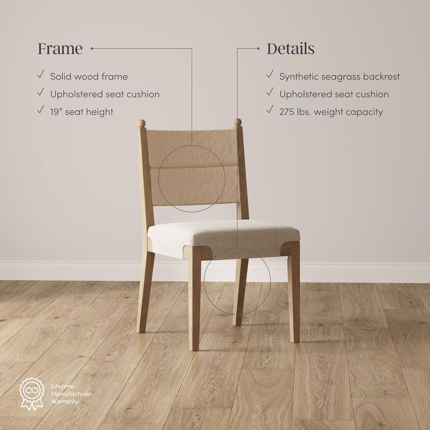 Nathan James Cove Boho Solid Wood Dining Chair with Woven Seagrass Back and Upholstered Seat, Flax/Light Brown