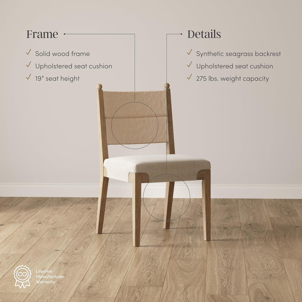Nathan James Cove Boho Solid Wood Dining Chair with Woven Seagrass Back and Upholstered Seat, Flax/Light Brown Set of 6