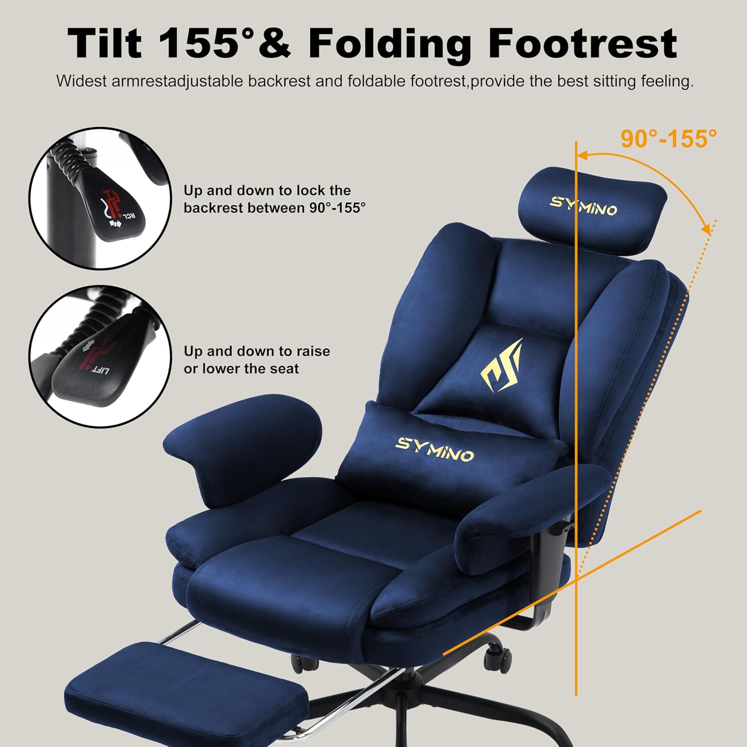 Symino Gaming Chair with Footrest, Up/Down Armrests, Suede Fabric Ergonomic Office Chair, 150° Recline Computer Chair for Desk, Darkblue