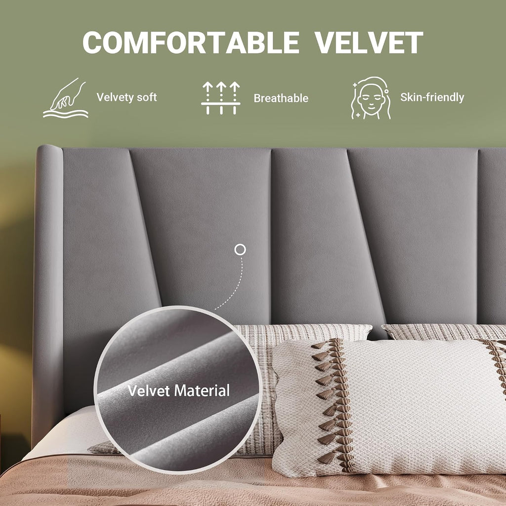 Allewie King Size Platform Velvet Bed Frame with Geometric Wingback Headboard, Boho Upholstered Bed with Wooden Slats Support, No Box Spring Needed, Easy Assembly, Light Grey