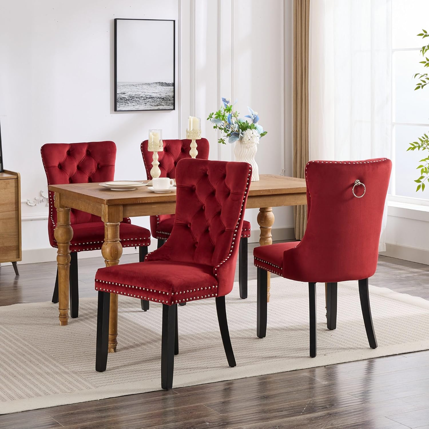 KEIKI Tufted Dining Room Chairs Set of 2, Velvet Kitchen Nailhead Trim Chairs with Solid Wood Legs and Padded Seat, Burgundy