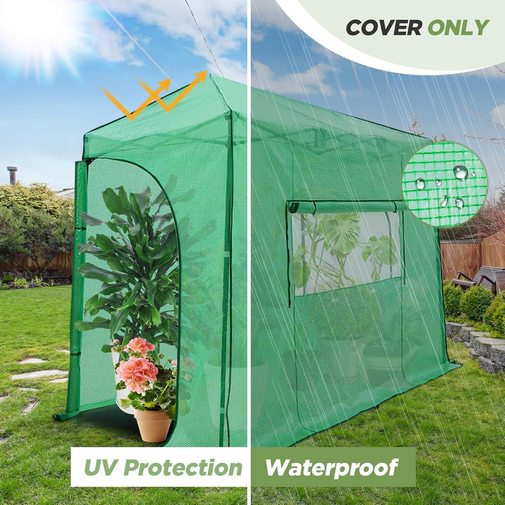 EAGLE PEAK Replacement Cover for 10x5 Portable Lean-to Greenhouse, 2 Roll-Up Zipper Entry Doors and 1 Large Roll-Up Side Window (Frame Not Included), Green