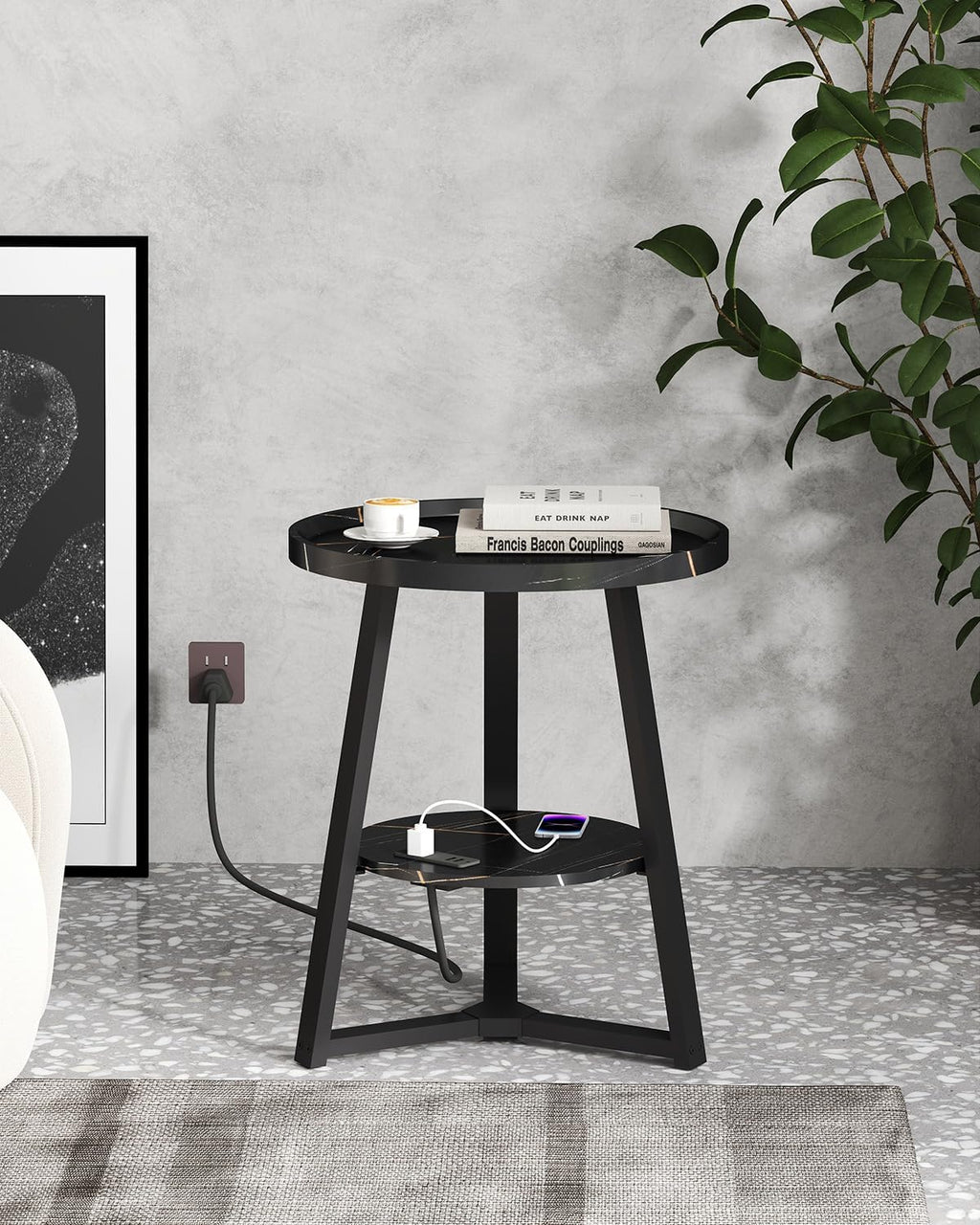 KJGKK Round End Table with Charging Station, 19.7" Dia x 23.63" H, Side Table with Storage Shelf, for Living Room, Bedroom, Faux Marble Top, Black
