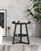 KJGKK Round End Table with Charging Station, 19.7" Dia x 23.63" H, Side Table with Storage Shelf, for Living Room, Bedroom, Faux Marble Top, Black