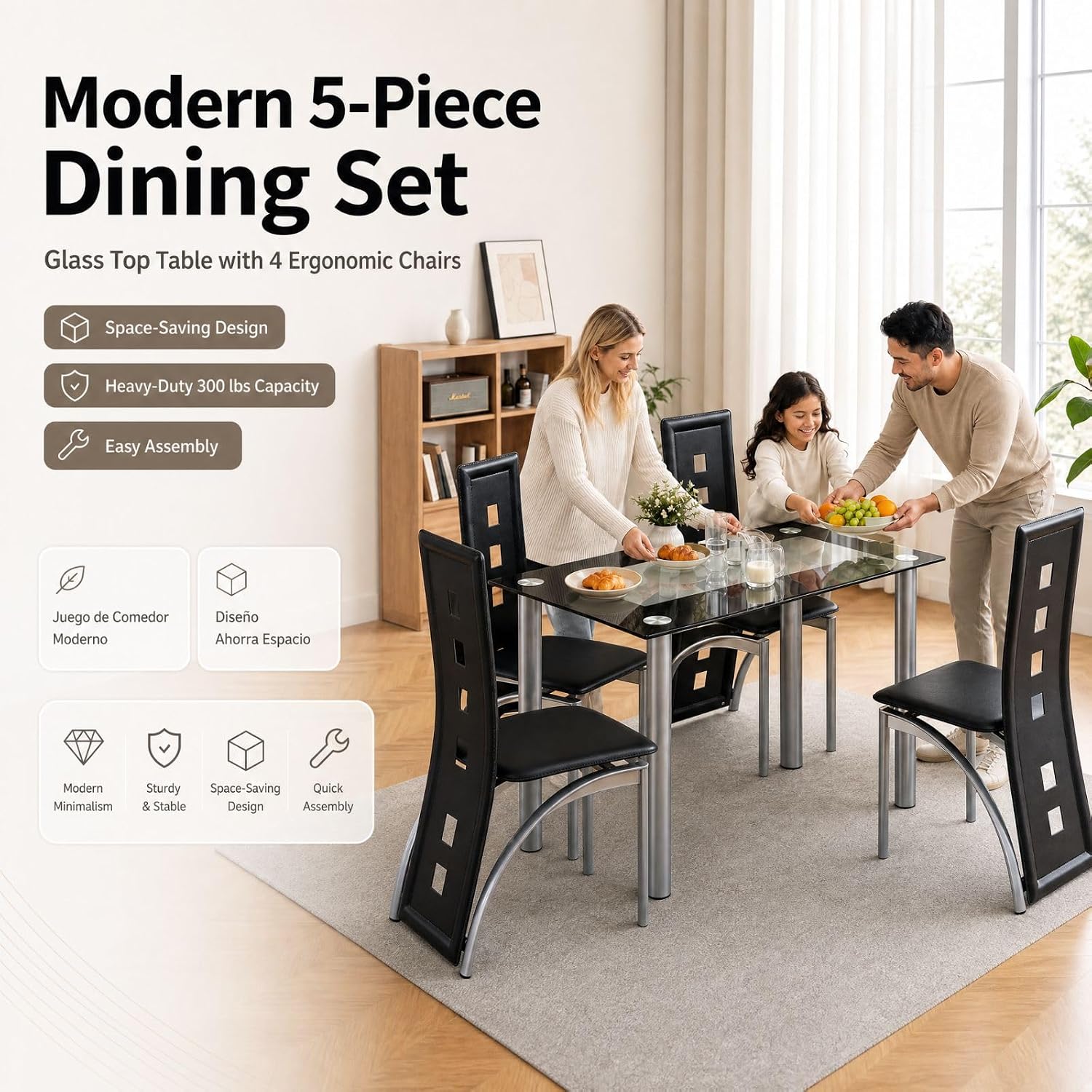 Karl home 5-Piece Dining Table Set, W/ 4 PVC Chairs & Glass Dining Table | Modern glass dining table set for 4, for kitchen & breakfast dining living room, space saving, easy assembly