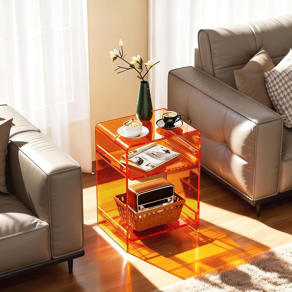 Acrylic Record Player Table with Storage Shelf, Clear Side Table Nightstand (Orange, Medium)
