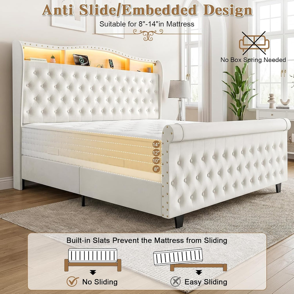 King Size Bed Frame with 51.2" Tall Lighted Storage Headboard and Charging Station, Velvet Upholstered Tufted Wingback Platform Bed with Footboard, No Box Spring Needed, Noise-Free