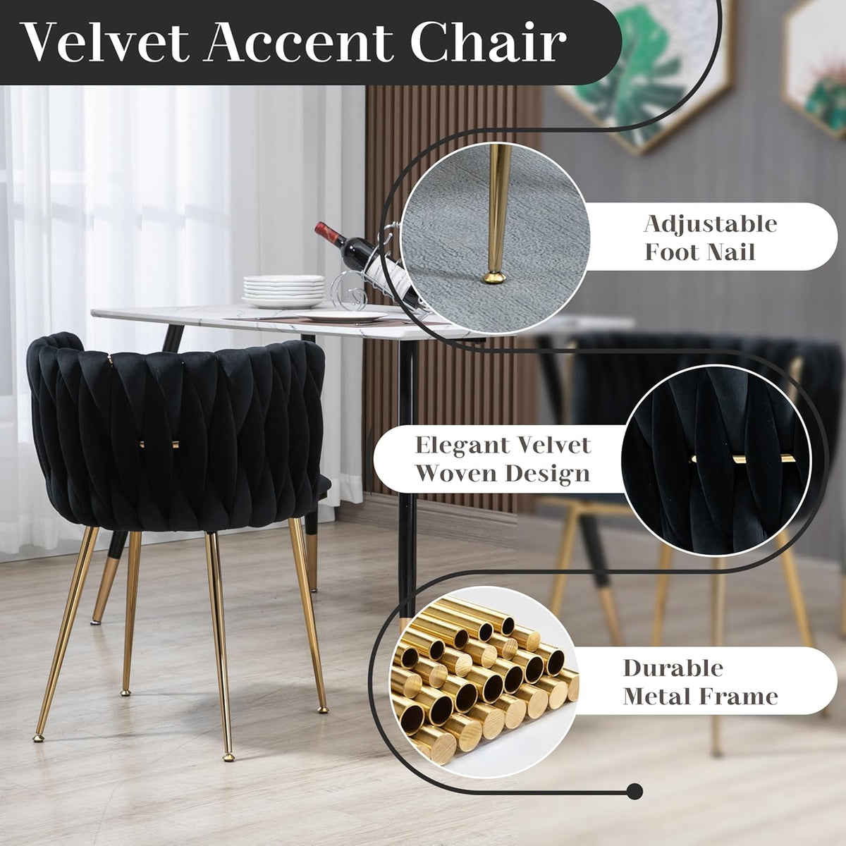 Modern Gold Glass Dining Table Set for 6, 51'' Clear Minimalist Glass Top Rectangular Dinner Table Set, 7 PCS Small Luxury Kitchen Table Set, Black Woven Chair for Home Living Room Apartment