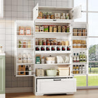 Tall Kitchen Pantry Cabinet, 72" Freestanding Storage Cupboard with Wine Bottle Rack & Adjustable Shelves, Kitchen Storage Cabinet for Dining Room, White