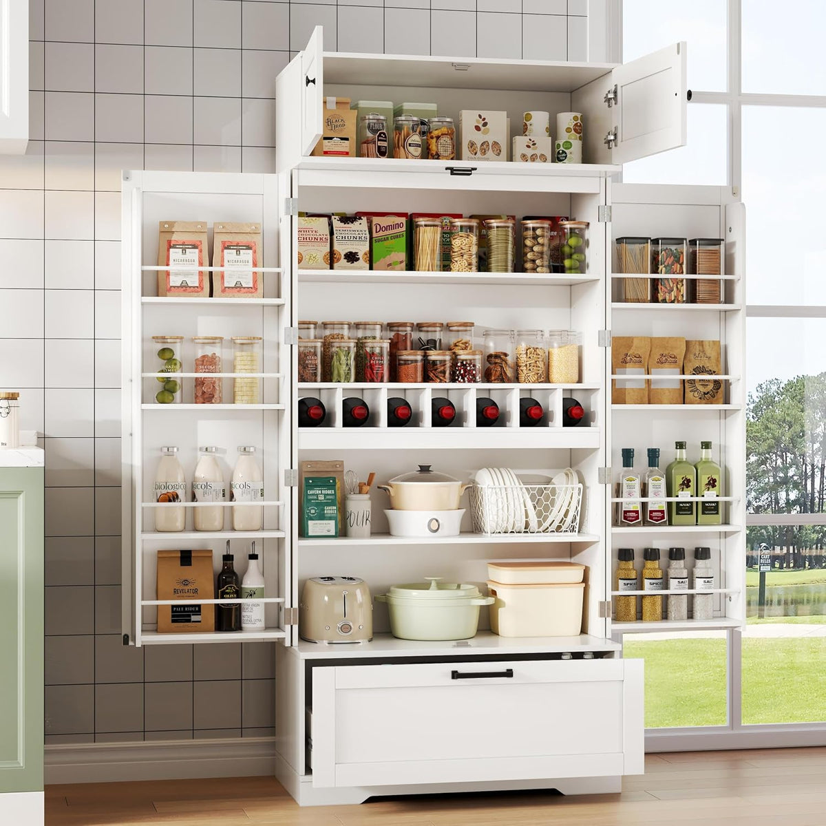 Tall Kitchen Pantry Cabinet, 72" Freestanding Storage Cupboard with Wine Bottle Rack & Adjustable Shelves, Kitchen Storage Cabinet for Dining Room, White