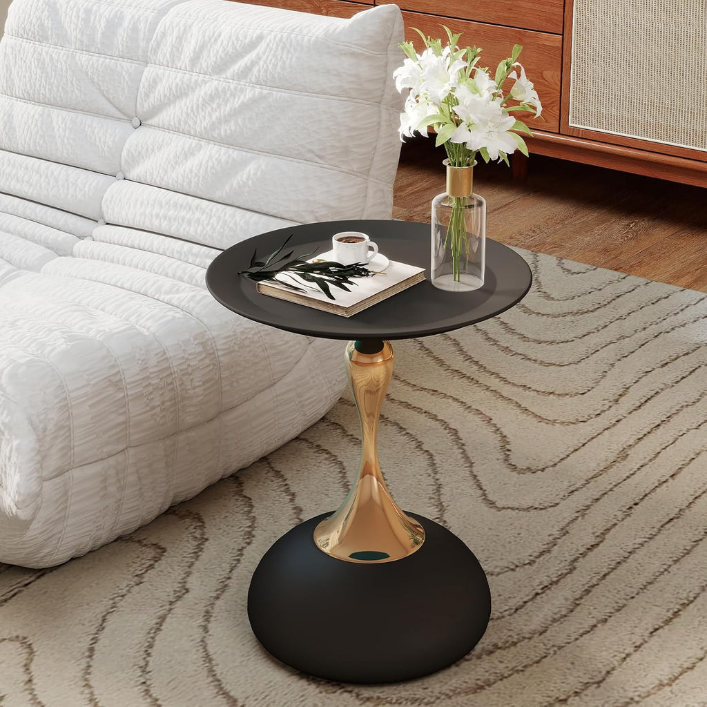 Metal Round End Table,Modern Pedestal Table,Corner Drink Tables,Accent Side Table Nightstand for Living Room,Patio and bar (Black-Gold)