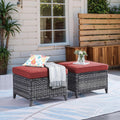 Outdoor Ottoman Set of 2 - PE Wicker Rattan Ottoman Patio Footstool for Deck Porch Balcony Garden - Grey/Red