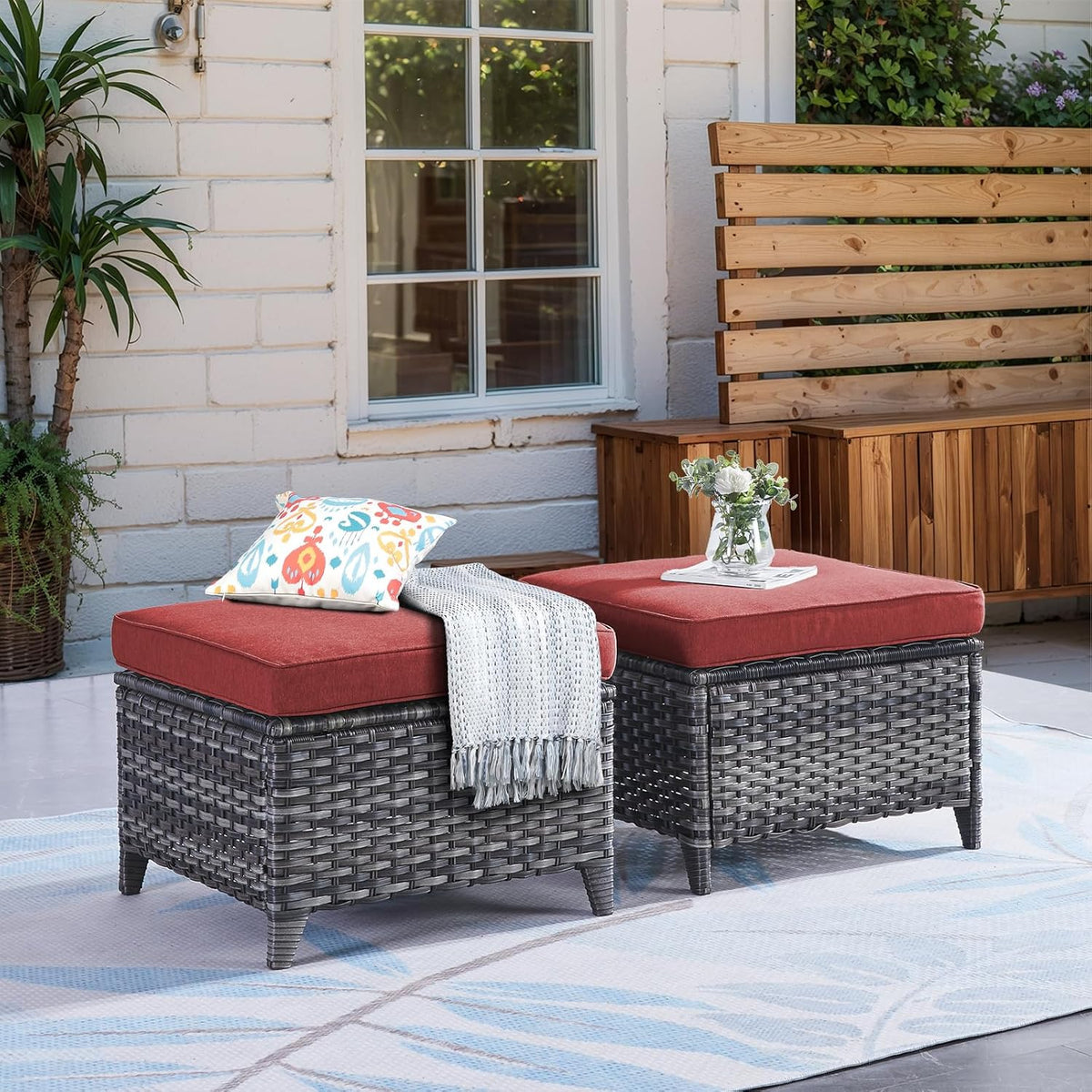 Outdoor Ottoman Set of 2 - PE Wicker Rattan Ottoman Patio Footstool for Deck Porch Balcony Garden - Grey/Red