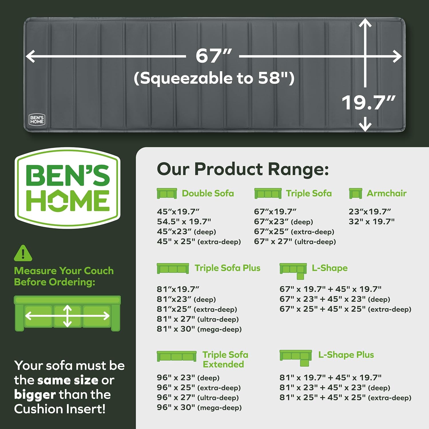 BEN'SHOME® Couch Cushion Support Board, Fix Sagging Sofas | 58-67" x 19.7"