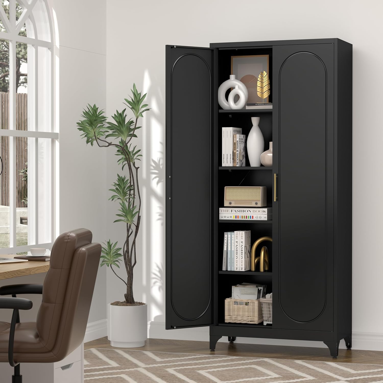 UNICOLY 75" Tall Pantry Storage Cabinet with Doors and 4 Adjustable Shelves, Freestanding Cupboard for Kitchen, Dining Room, Living Room, Bathroom, Black