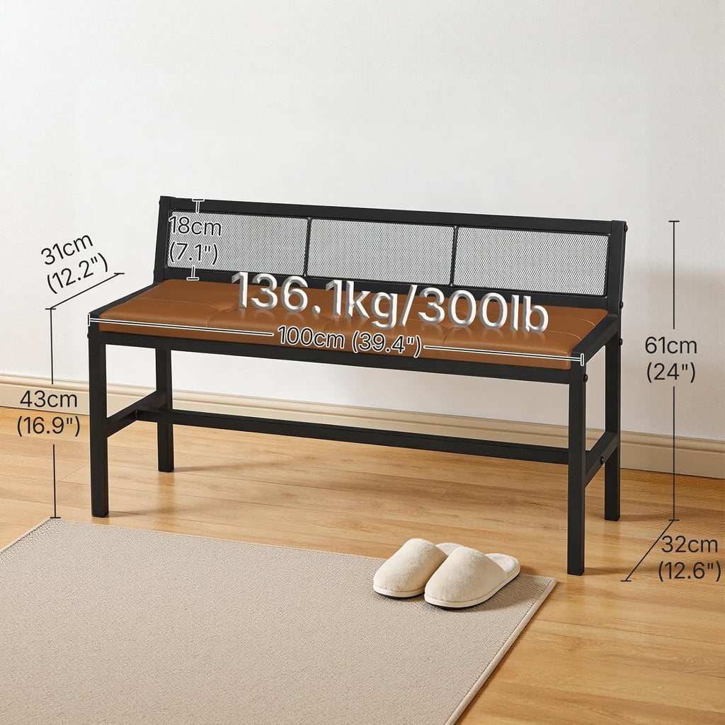 YATINEY Dining Bench, 39.4'' Kitchen Bench with Back, Dining Room Bench with PU Leather Upholstered Seat, Entryway Bench with Metal Legs for Dining Room, Entryway, Living Room, Black and Brown DB01BV