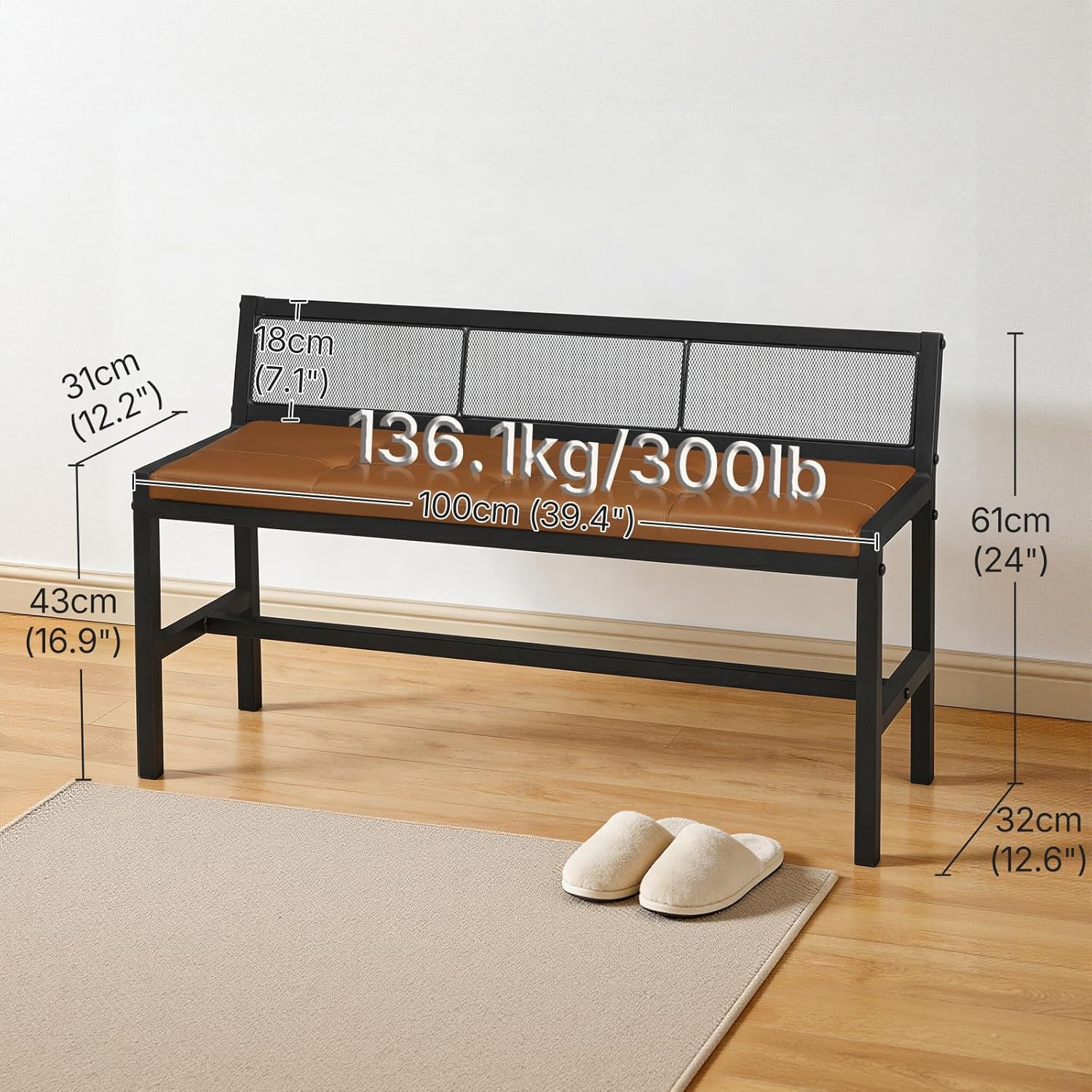 YATINEY Dining Bench, 39.4'' Kitchen Bench with Back, Dining Room Bench with PU Leather Upholstered Seat, Entryway Bench with Metal Legs for Dining Room, Entryway, Living Room, Black and Brown DB01BV