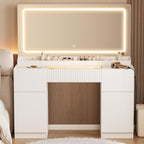 INNOD 44" Vanity Desk with Large Mirror and Lights, Modern Glass Top Makeup Vanity Set with Power Outlet, 3 Drawers and 2 Cabinet, 3 Lighting Color Adjustable Dressing Table for Bedroom,Pure White