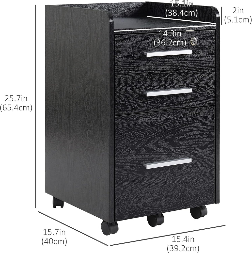 HOMCOM 3 Drawer File Cabinet Office Storage Lock, Wheels, Letter/A4, Black | Edged Top, Small Office Storage