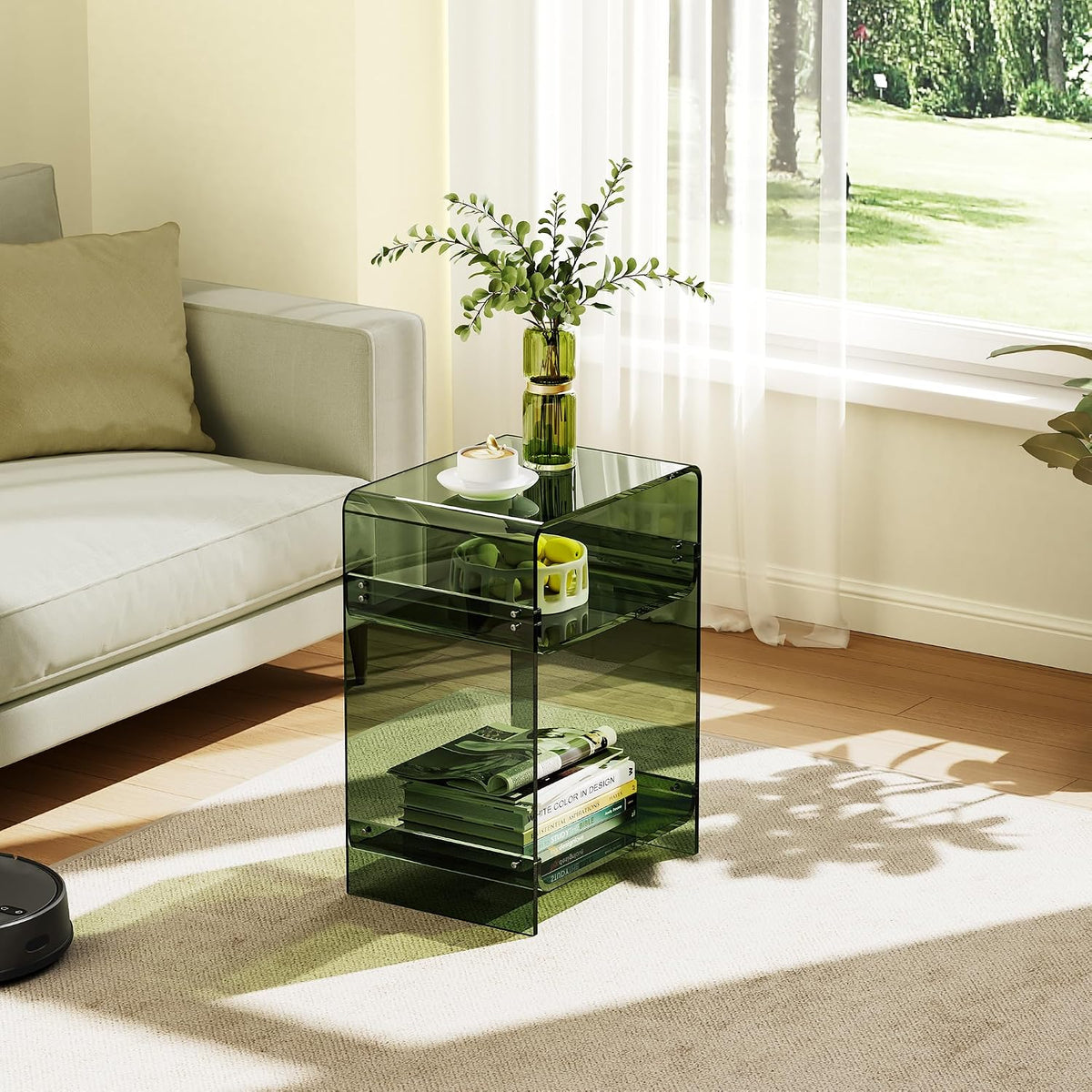 Acrylic Record Player Table with Storage Shelf, Clear Side Table Nightstand (Green, Medium)