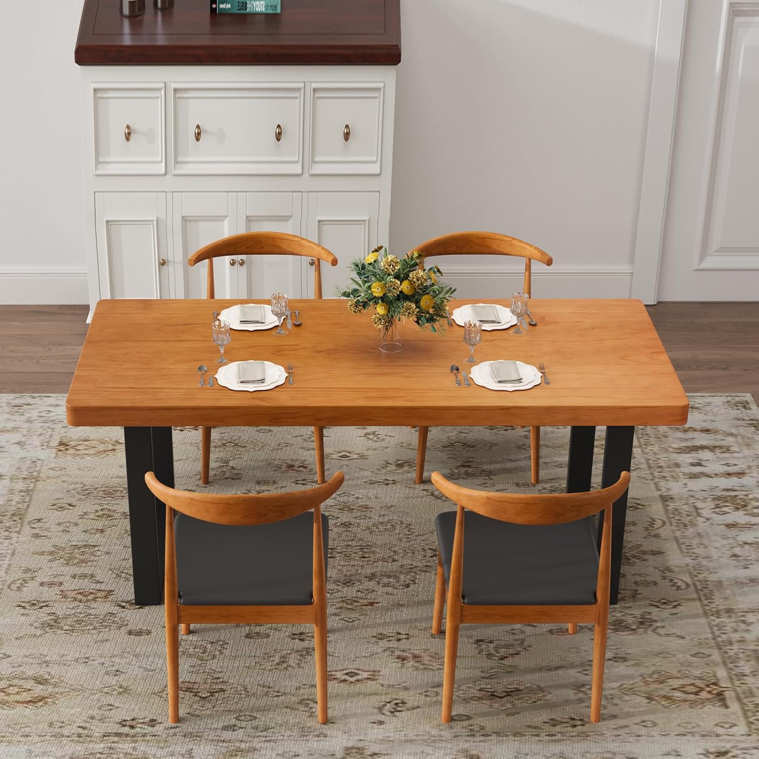 Stylish Modern Minimalist Solid Wood Dining Table with Sturdy Metal Base – Easy Assembly, Versatile Design for Dining Rooms, Living Rooms, and Offices