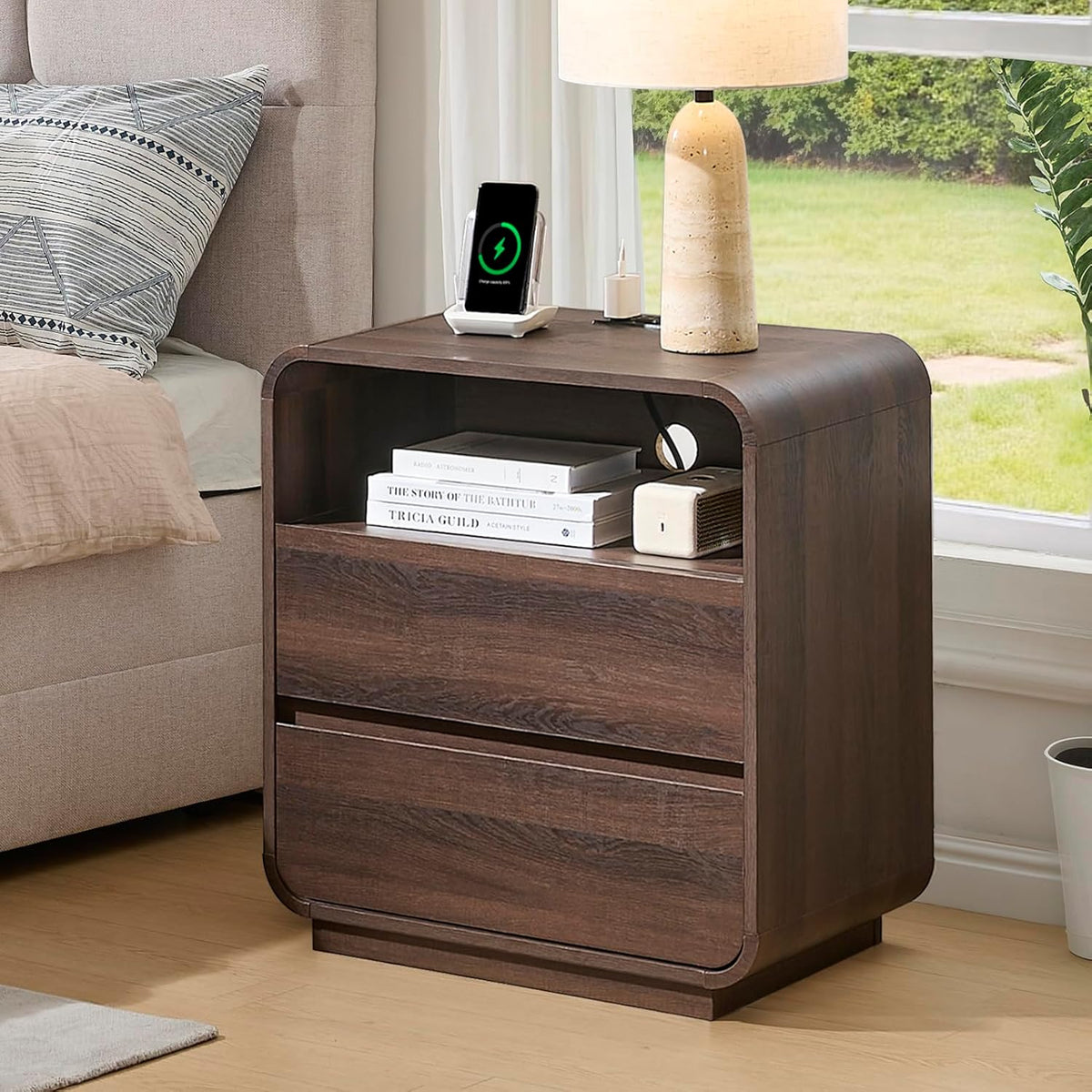 Standifurno Modern Walnut Nightstand, 25" Tall Wooden Bedside Table with Charging Station, 2 Storage Drawers Side Table Curved Profile, Handleless, Large End Table Night Stand for Bedroom, Office
